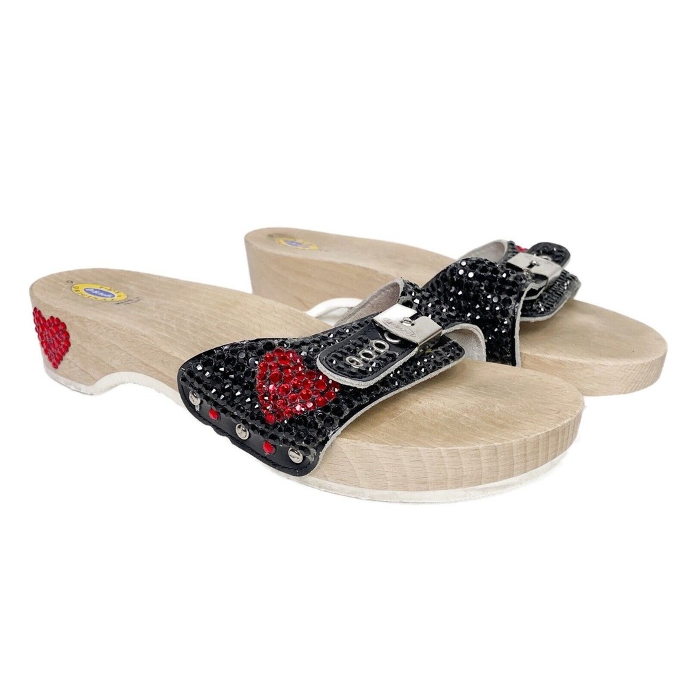 Vintage Dr Scholls Sandals Size 9 Black Red Heart Rhinestone Wooden Italy Made